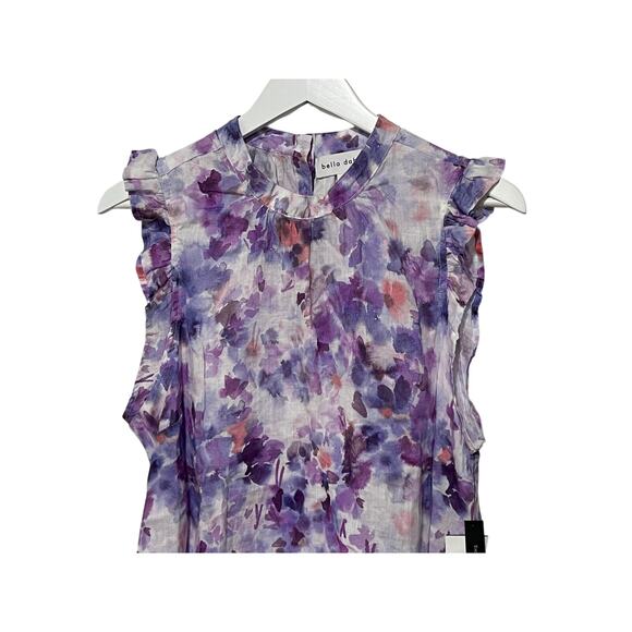 BELLA DAHL TOP WOMENS SIZE LARGE FLORAL LINEN MOCK NECK RUFFLE BLOUSE PURPLE NEW - Picture 6 of 13